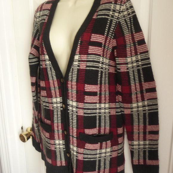 Bob Jimley AKA Sweater Cardigan M Heavy Wool Knit Plaid Button Down Elbow Patche - Picture 3 of 7